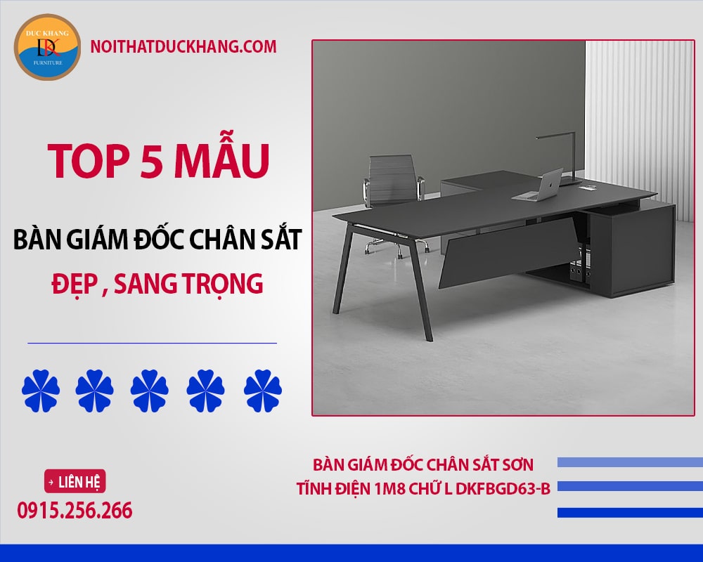Bàn giám đốc chân sắt sơn tĩnh điện 1m8 chữ L DKFBGD63-B