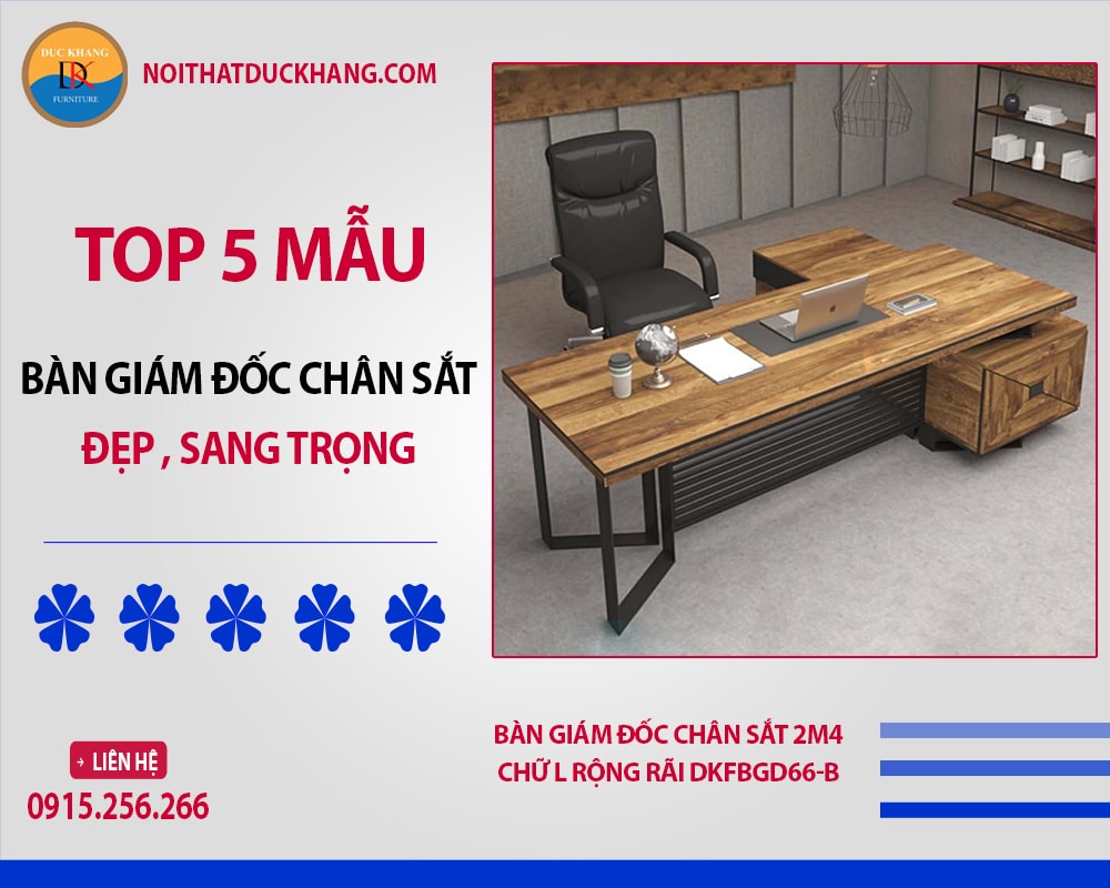 Bàn giám đốc chân sắt 2m4 chữ L rộng rãi DKFBGD66-B