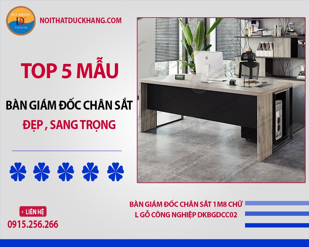 Bàn giám đốc chân sắt 1m8 chữ L gỗ công nghiệp DKBGDCC02
