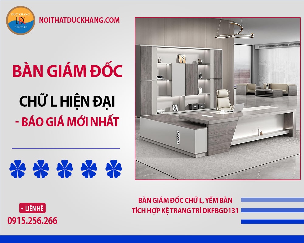 Bàn giám đốc chữ L, yếm bàn tích hợp kệ trang trí DKFBGD131