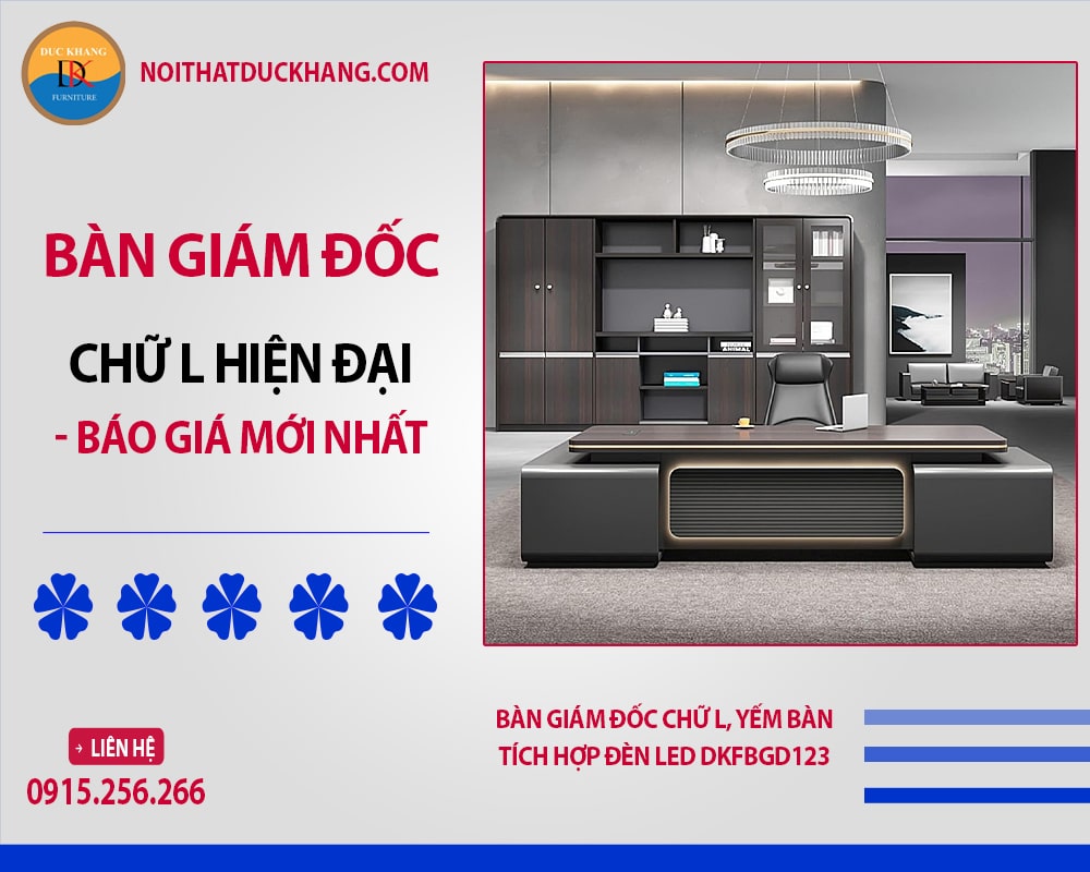 Bàn giám đốc chữ L, yếm bàn tích hợp đèn LED DKFBGD123