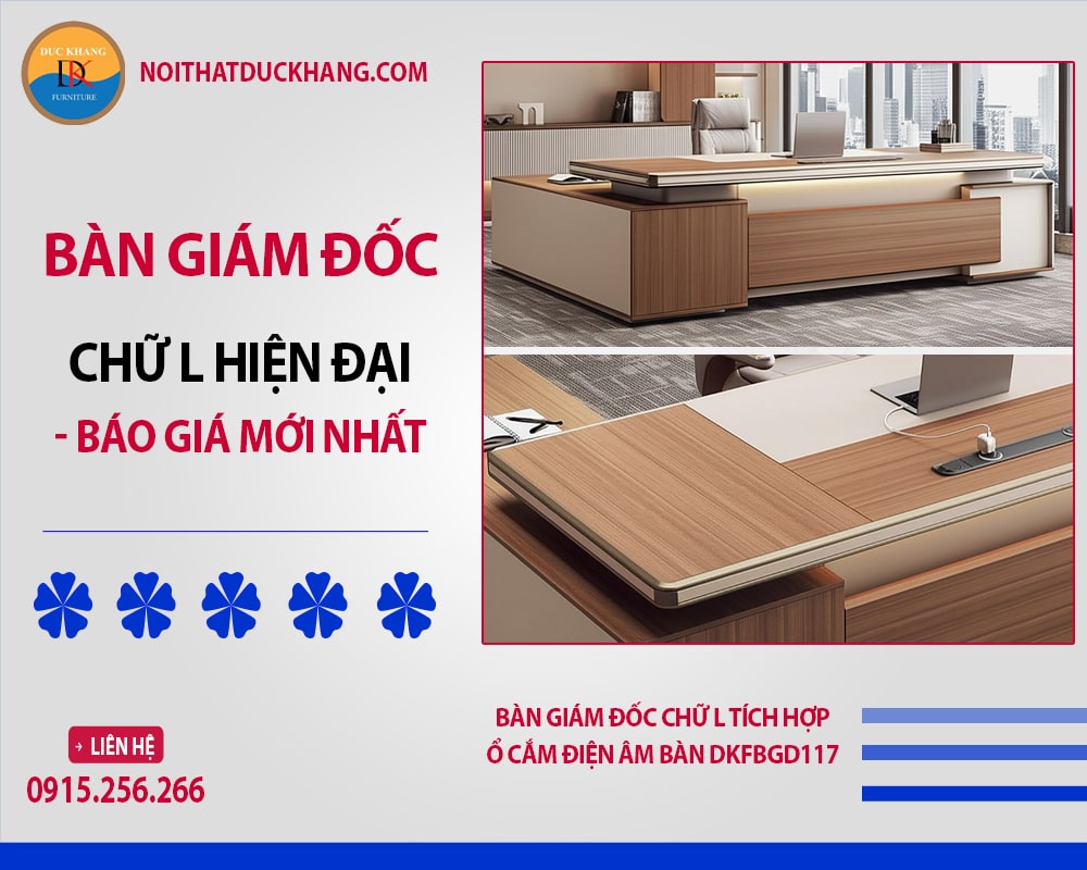 Bàn giám đốc chữ L tích hợp ổ cắm điện âm bàn DKFBGD117