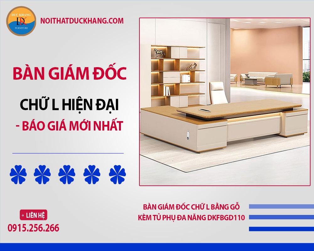 Bàn giám đốc chữ L bằng gỗ kèm tủ phụ đa năng DKFBGD110