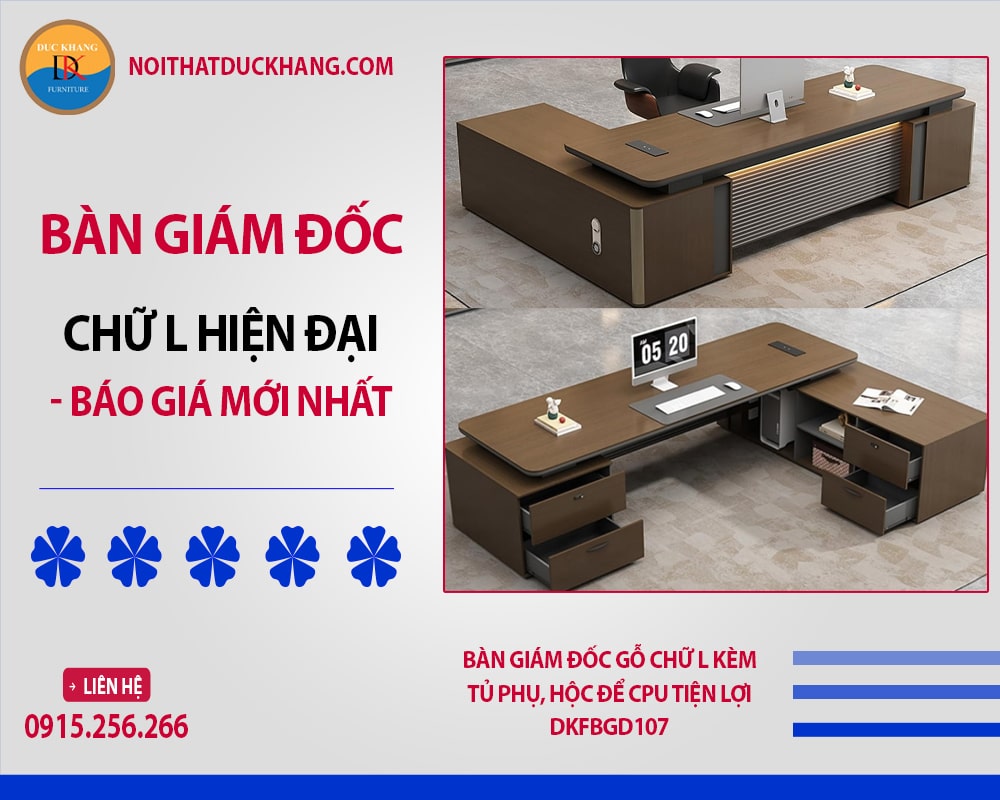 Bàn giám đốc gỗ chữ L kèm tủ phụ, hộc để CPU tiện lợi DKFBGD107