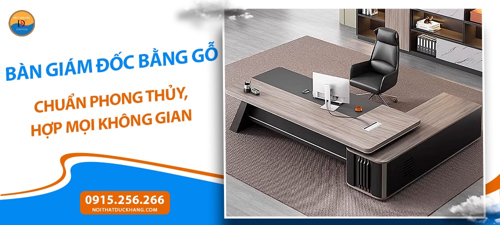 Bàn giám đốc bằng gỗ chữ L, chân bàn khối nghiêng độc đáo DKFBGD128