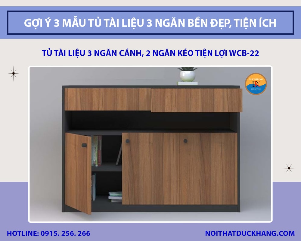 Tủ tài liệu 3 ngăn cánh, 2 ngăn kéo tiện lợi WCB-22