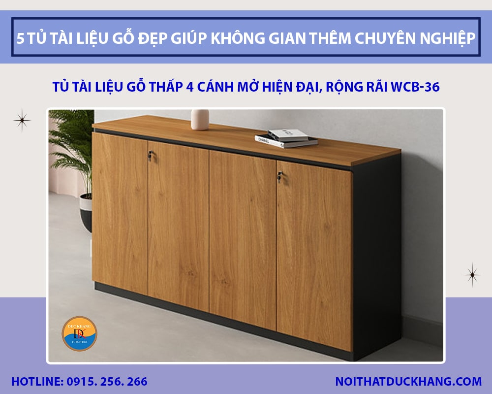 Tủ tài liệu gỗ thấp 4 cánh mở hiện đại, rộng rãi WCB-36