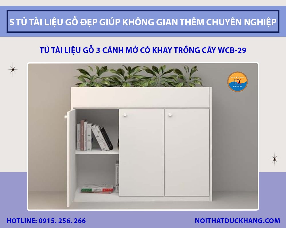 Tủ tài liệu gỗ 3 cánh mở có khay trồng cây WCB-29