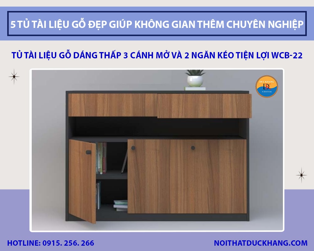 Tủ tài liệu gỗ dáng thấp 3 cánh mở và 2 ngăn kéo tiện lợi WCB-22